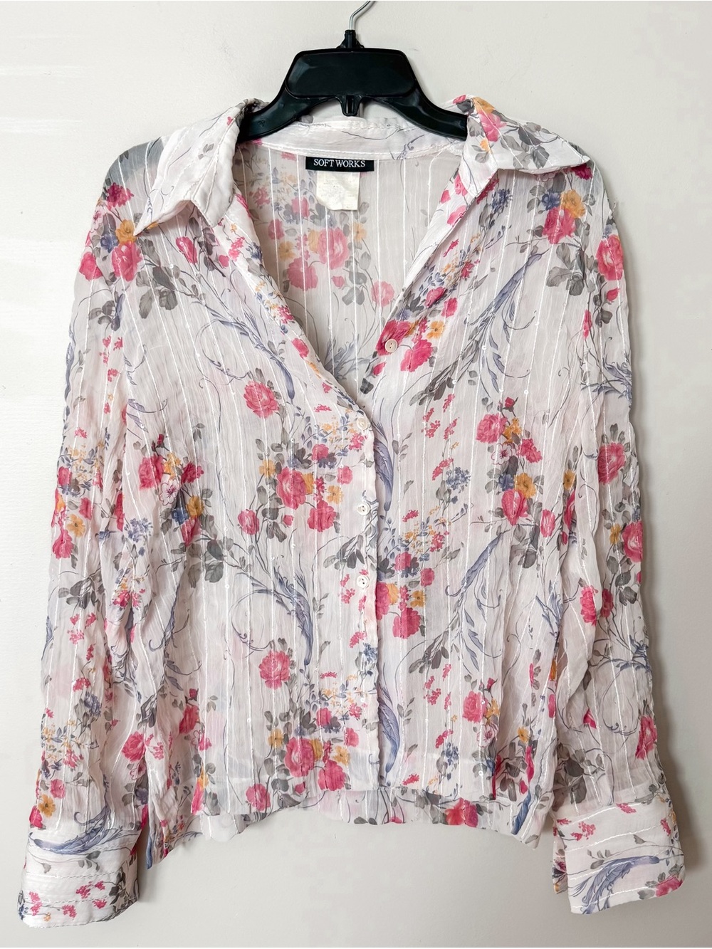 Women’s White Floral Sequins Button Up Top Boho Cottagecore Whimsy Gardener